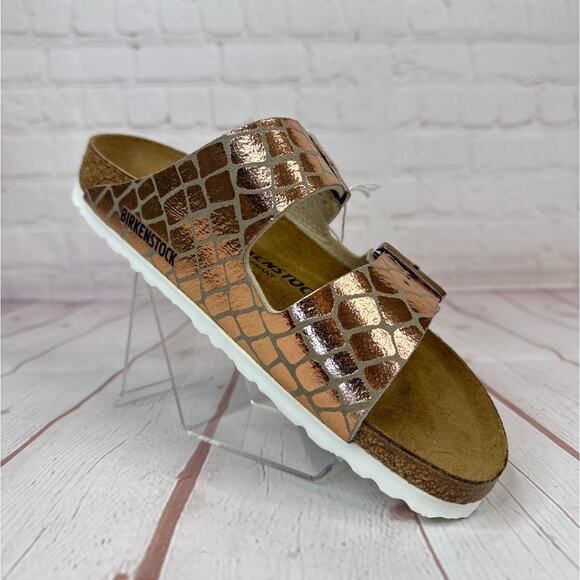 Birkenstock Arizona Gator Gleam Two Strap Copper Sandals Mens Sz 4/Women’s Sz 6 - Picture 2 of 9